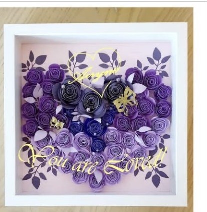 Purple paper rose shadow box with You are Loved in gold script