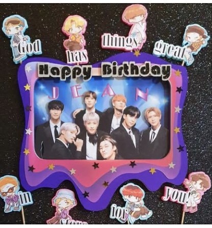 K-pop themed happy birthday cake topper with a photo frame